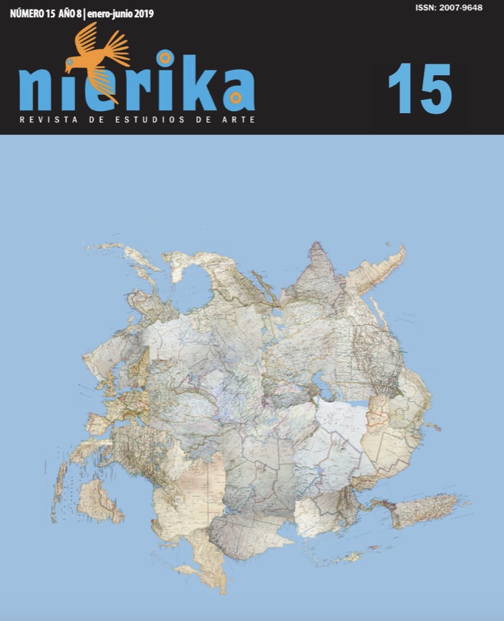 Portada del número 15 de la revista Nierika, dedicado a las estéticas de la migración: un mapamundi recortado y replegado sobre sí mismo, flotando sobre un fondo azul.