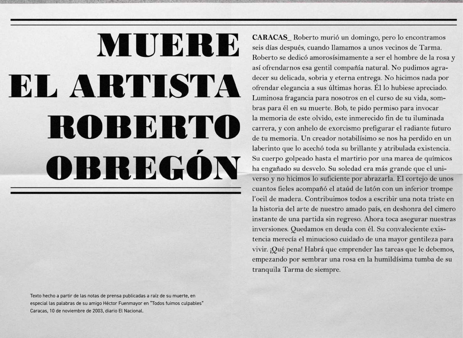 Página tipográfica de El círculo de la rosa con el texto MUERE EL ARTISTA ROBERTO OBREGÓN, investigación de Torrivilla publicada por Profoundation 2024